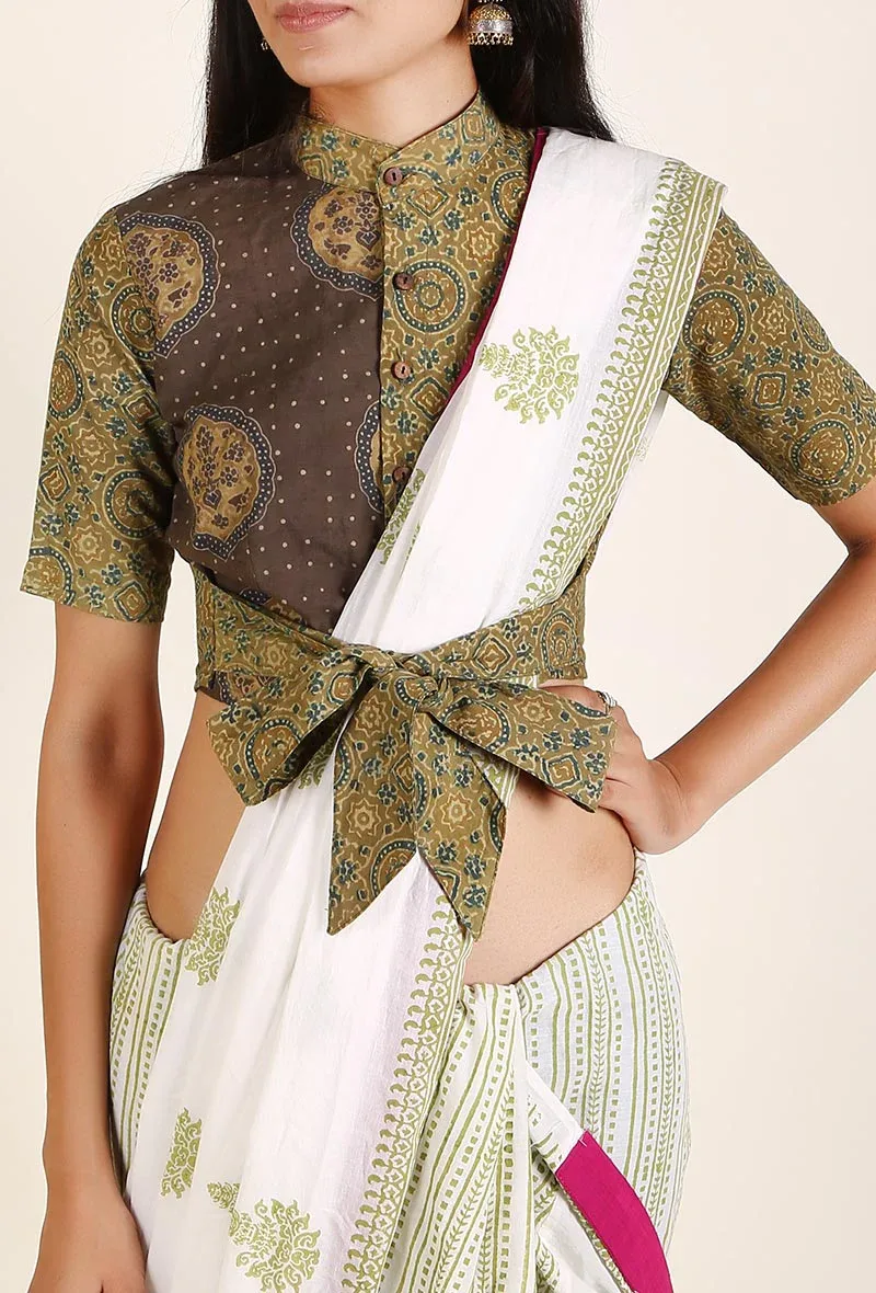 Parrot Green Ajrakh Cotton Blouse With Front Self-Tie Bow