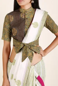 Parrot Green Ajrakh Cotton Blouse With Front Self-Tie Bow image 1