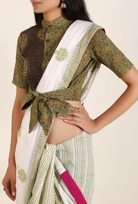 Parrot Green Ajrakh Cotton Blouse With Front Self-Tie Bow image 2