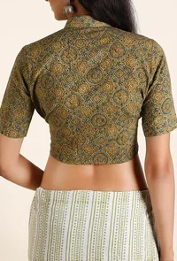 Parrot Green Ajrakh Cotton Blouse With Front Self-Tie Bow image 3