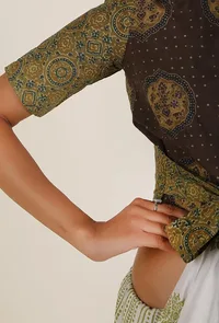 Parrot Green Ajrakh Cotton Blouse With Front Self-Tie Bow image 4