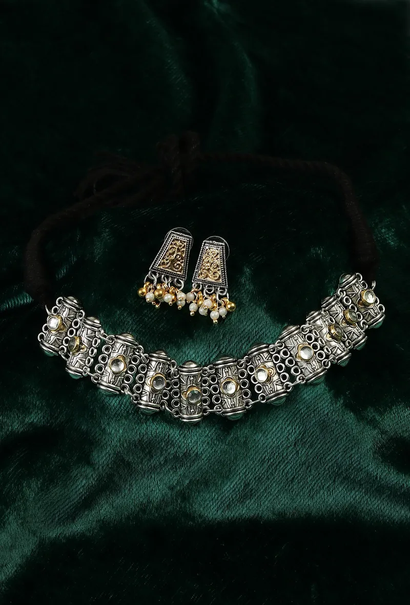 Vintage Style Oxidized Silver Choker Necklace Set