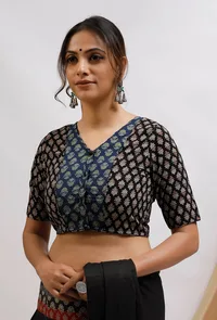 Black And Blue Ajrak Print Front Open Cotton Blouse image 1
