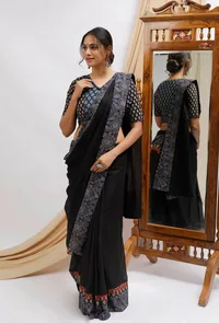 Black And Blue Ajrak Print Front Open Cotton Blouse image 2