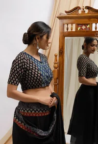 Black And Blue Ajrak Print Front Open Cotton Blouse image 3