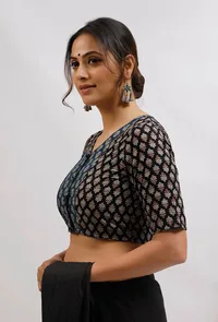 Black And Blue Ajrak Print Front Open Cotton Blouse image 4