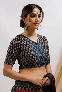 Black And Blue Ajrak Print Front Open Cotton Blouse image 5