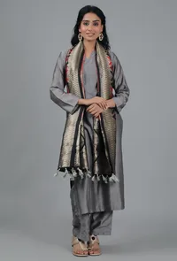 Charcoal & Rust Chanderi Brocade Dupatta image 2
