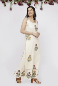 Off White  Straight Fit Hand-Block Printed Kota Kurta image 3