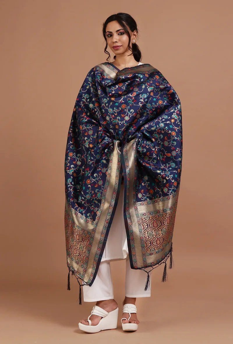 Navy Blue Color Semi Silk Dupatta With Zari Weaving
