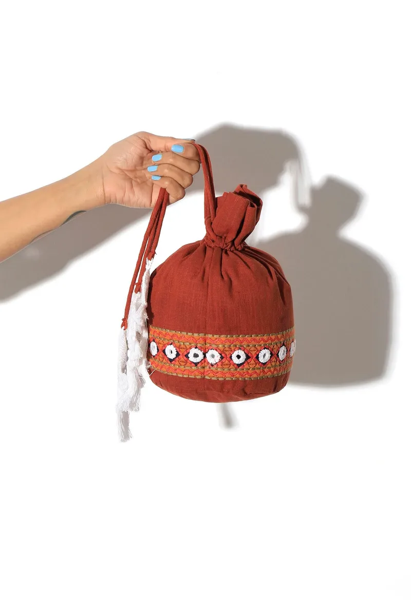 Rust Red Cotton Mirror Tassels Potli