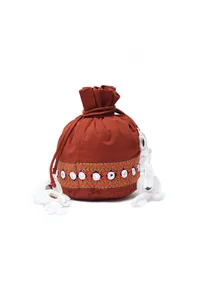 Rust Red Cotton Mirror Tassels Potli image 2