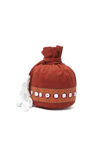 Rust Red Cotton Mirror Tassels Potli image 3