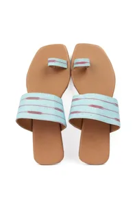 Arctic Blue & Cinnamon Brown Ikat One Toe Cruelty Free Leather Flats image 2