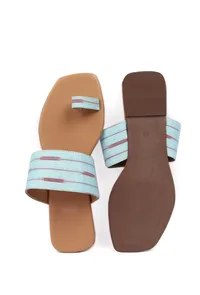 Arctic Blue & Cinnamon Brown Ikat One Toe Cruelty Free Leather Flats image 3