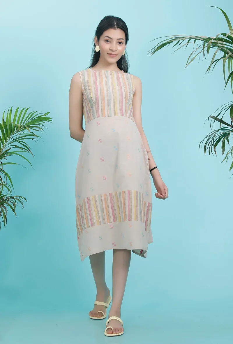 Beige Cotton Stripe Dobby Straight Cotton Dress