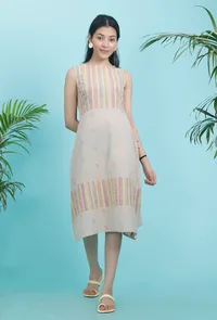 Beige Cotton Stripe Dobby Straight Cotton Dress image 1