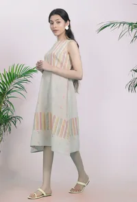 Beige Cotton Stripe Dobby Straight Cotton Dress image 2