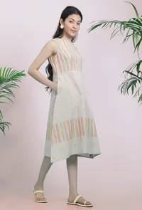 Beige Cotton Stripe Dobby Straight Cotton Dress image 3