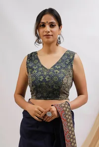 Blue And Olive Green Ajrak Cotton Blouse image 1