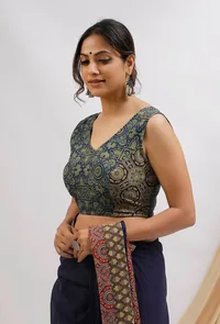 Blue And Olive Green Ajrak Cotton Blouse image 4