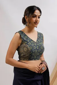 Blue And Olive Green Ajrak Cotton Blouse image 5
