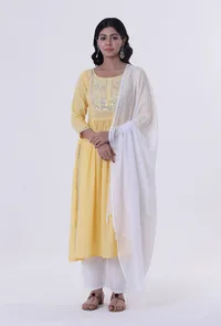 Yellow & White Cotton Block Printed Dupatta image 1