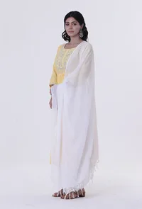 Yellow & White Cotton Block Printed Dupatta image 4