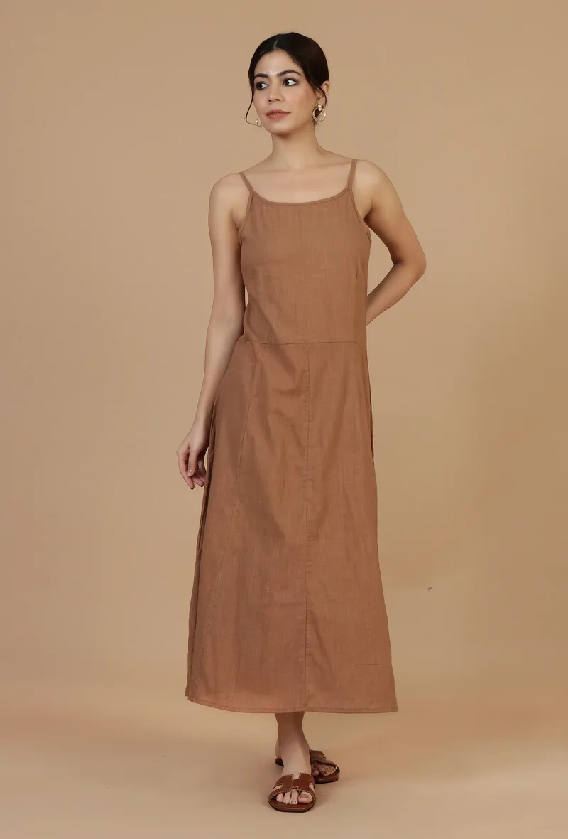 Rust Brown Cotton Sleeveless Midi Dress