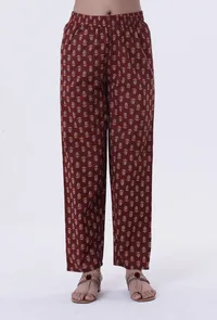 Red & Multicolor Cotton Block Printed Pant image 1
