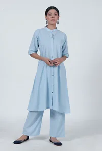 Set Of 2: Sky Blue Cotton Kurta & Pant Set image 1