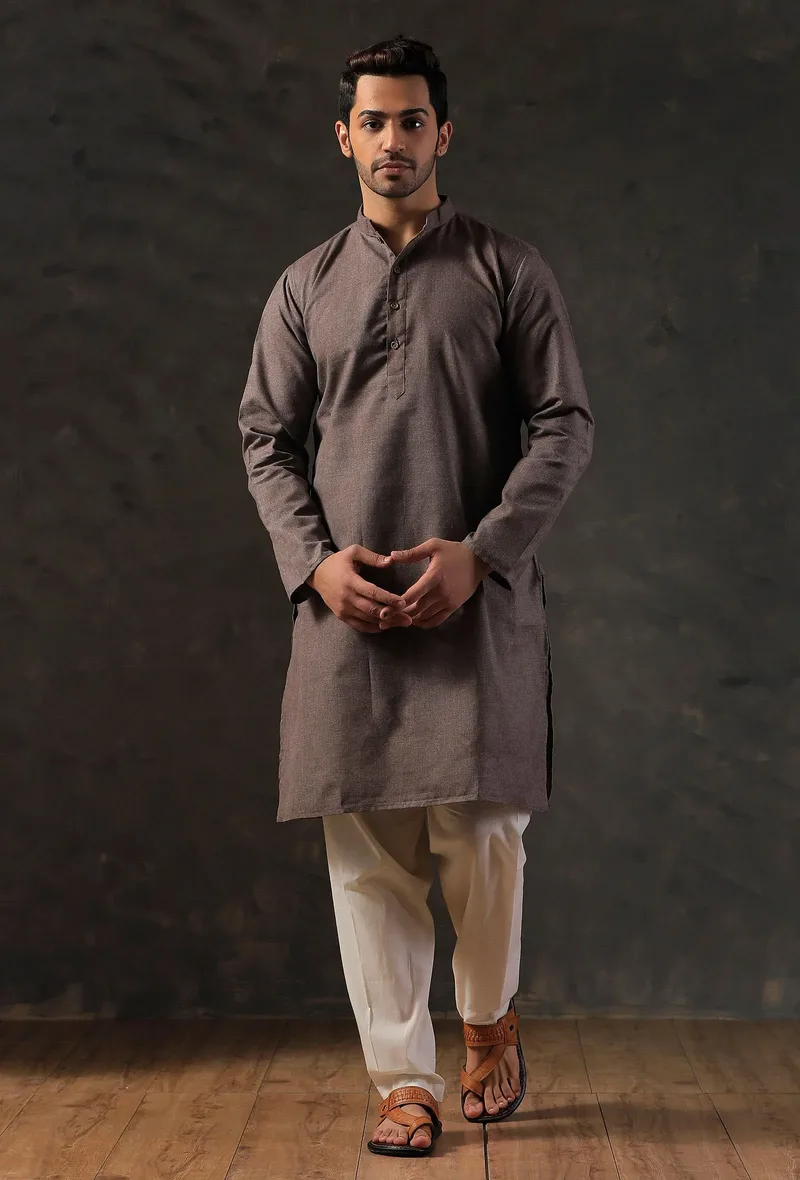 Charcoal Grey Silk Kurta with Cotton Pyjama