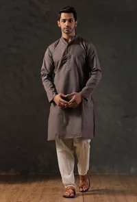 Charcoal Grey Silk Kurta with Cotton Pyjama image 1