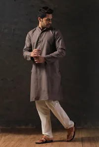 Charcoal Grey Silk Kurta with Cotton Pyjama image 2