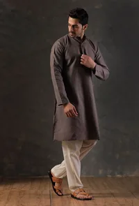 Charcoal Grey Silk Kurta with Cotton Pyjama image 3