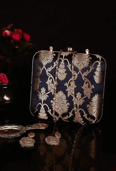 Sapphire Blue Brocade Box Clutch with Sling (6.5 X 2 X 6)