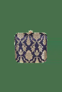 Sapphire Blue Brocade Box Clutch with Sling (6.5 X 2 X 6) image 2