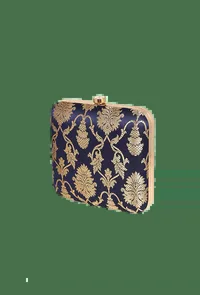 Sapphire Blue Brocade Box Clutch with Sling (6.5 X 2 X 6) image 3