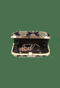 Sapphire Blue Brocade Box Clutch with Sling (6.5 X 2 X 6) image 4