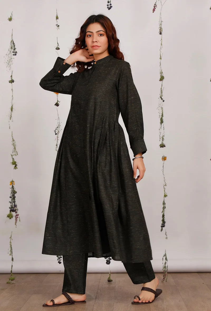 Set of 2: Dark Olive Cotton Khaadi Kurta with Dark Olive Straight Pants