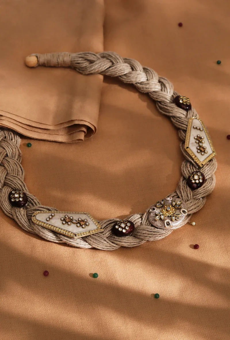 German Silver Jute Mehroon And Golden Necklace