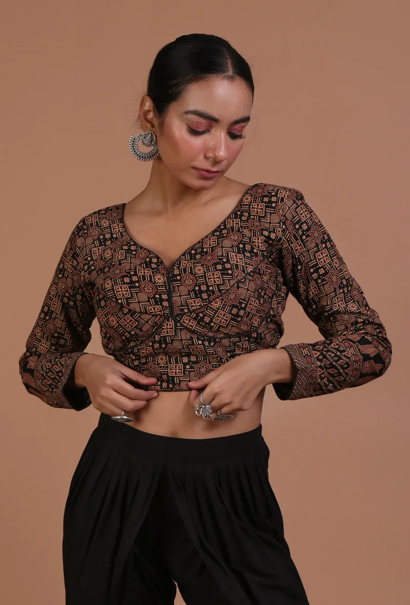Black Cotton Ajrakh Printed Full Sleeve Blouse