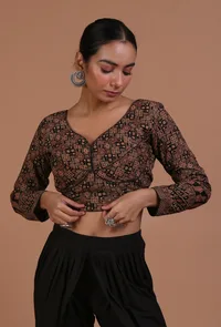 Black Cotton Ajrakh Printed Full Sleeve Blouse image 1