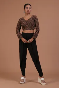 Black Cotton Ajrakh Printed Full Sleeve Blouse image 2