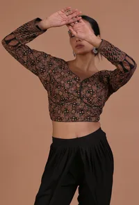 Black Cotton Ajrakh Printed Full Sleeve Blouse image 4
