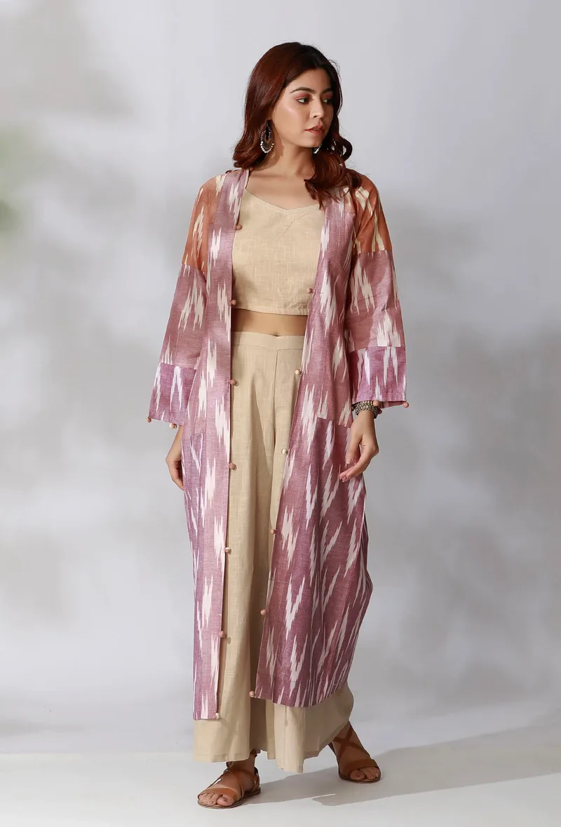 Rose Pink Ikkat Patchwork Front Open Overlay