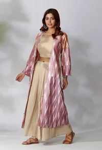 Rose Pink Ikkat Patchwork Front Open Overlay image 3