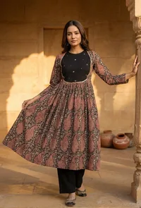 Set of 2: Baagh Print Gathered Dress with Lace & Handwork and Solid Black Cotton Pants image 1