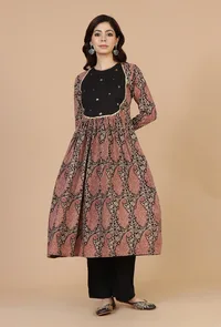 Set of 2: Baagh Print Gathered Dress with Lace & Handwork and Solid Black Cotton Pants image 2
