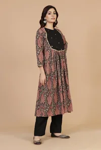 Set of 2: Baagh Print Gathered Dress with Lace & Handwork and Solid Black Cotton Pants image 3